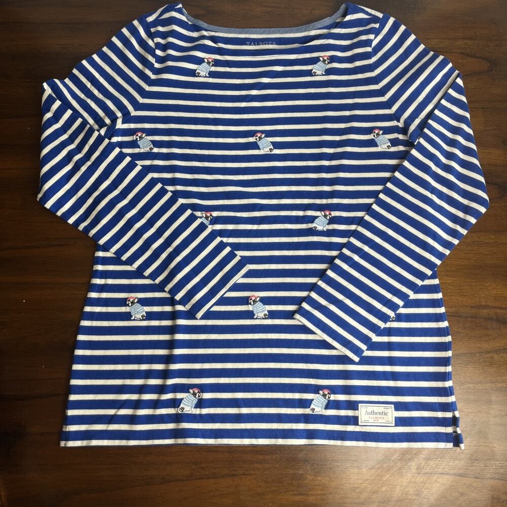 Talbots Sz Small French Bulldog Embroidered Blue Striped Top Coastal Nautical
